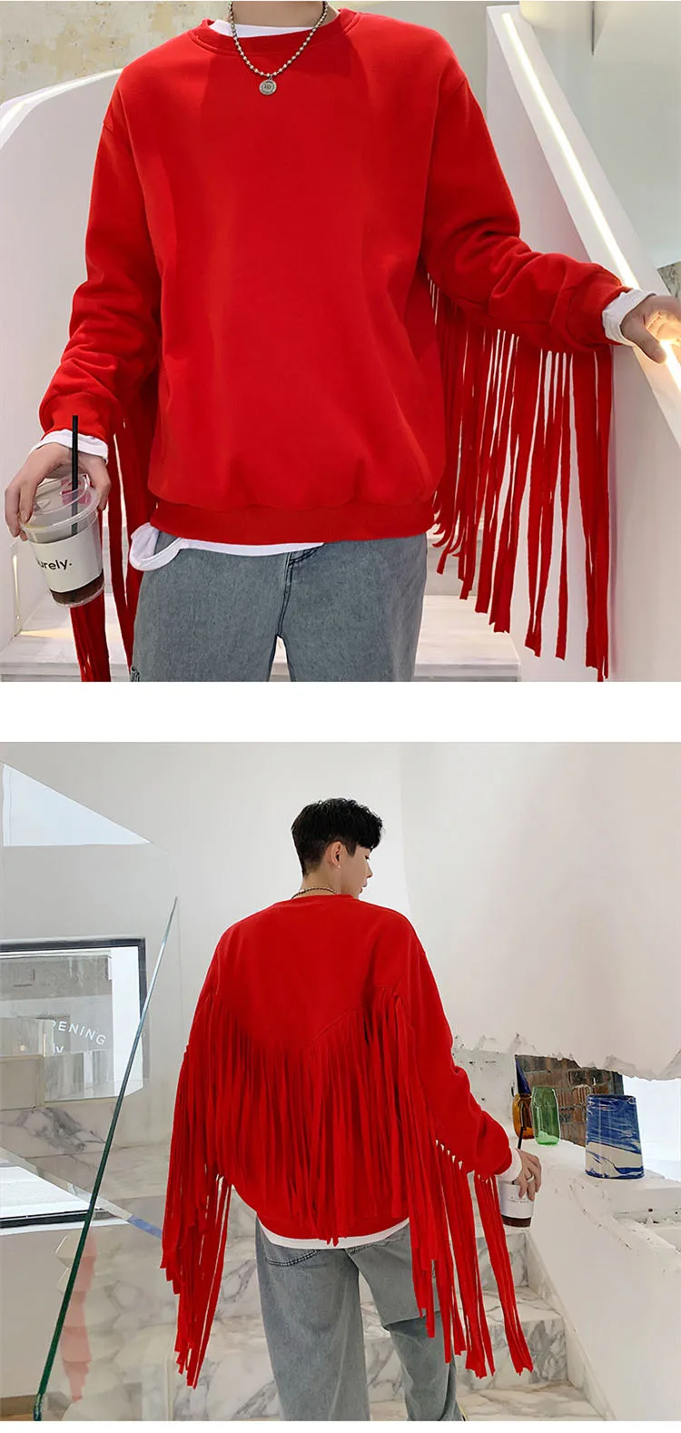 Мужской длинный пуловер с кисточками, толстовки для мужчин и женщин в стиле хип-хоп, Уличная Повседневная Черная Красная толстовка с капюшоном, одежда для сцены