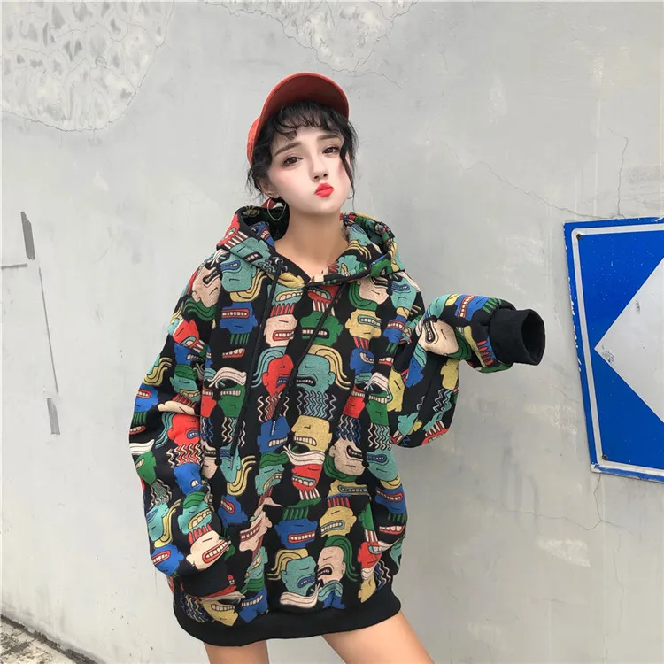 Neploe, осенние женские толстовки Harajuku, мультяшный принт, свободный карман, толстовка с капюшоном, негабаритный Женский пуловер, джемперы 55380
