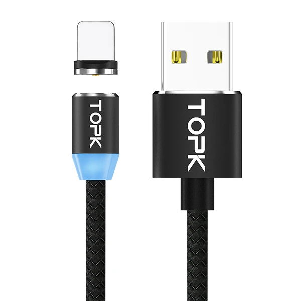 Black Магнитный кабель TOPK, 1 м, usb type-C, магнитное зарядное устройство, Micro USB кабель для samsung, Xiaomi, huawei, кабель для мобильного телефона, USB C - Цвет: Black