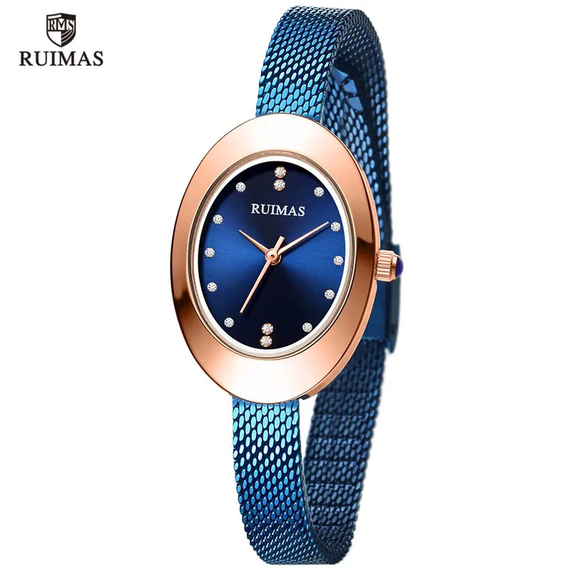 Женские наручные часы RUIMAS стильные с овальным циферблатом и синей сеткой