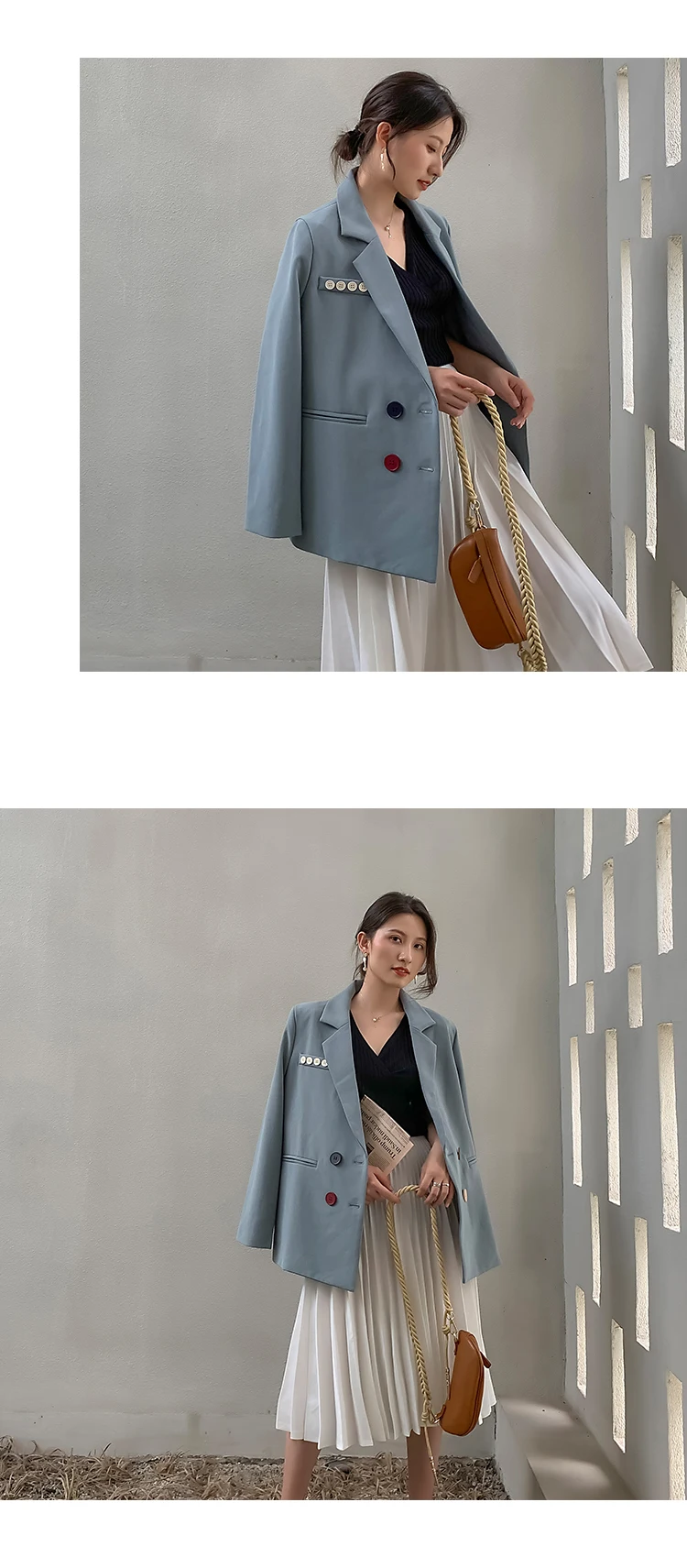 Синий Блейзер осенний двубортный костюм куртка для женщин Корейский расслабленный британский стиль досуг Офисная Леди 2019