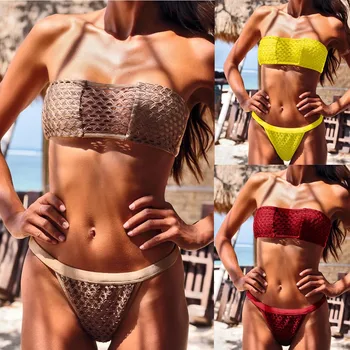 

bikinis 2019 mujer Sexy Solid Color Bikini Ladies Swimsuit Split Bandage Mesh Bathing Beachwear biquinis feminino bathing suit