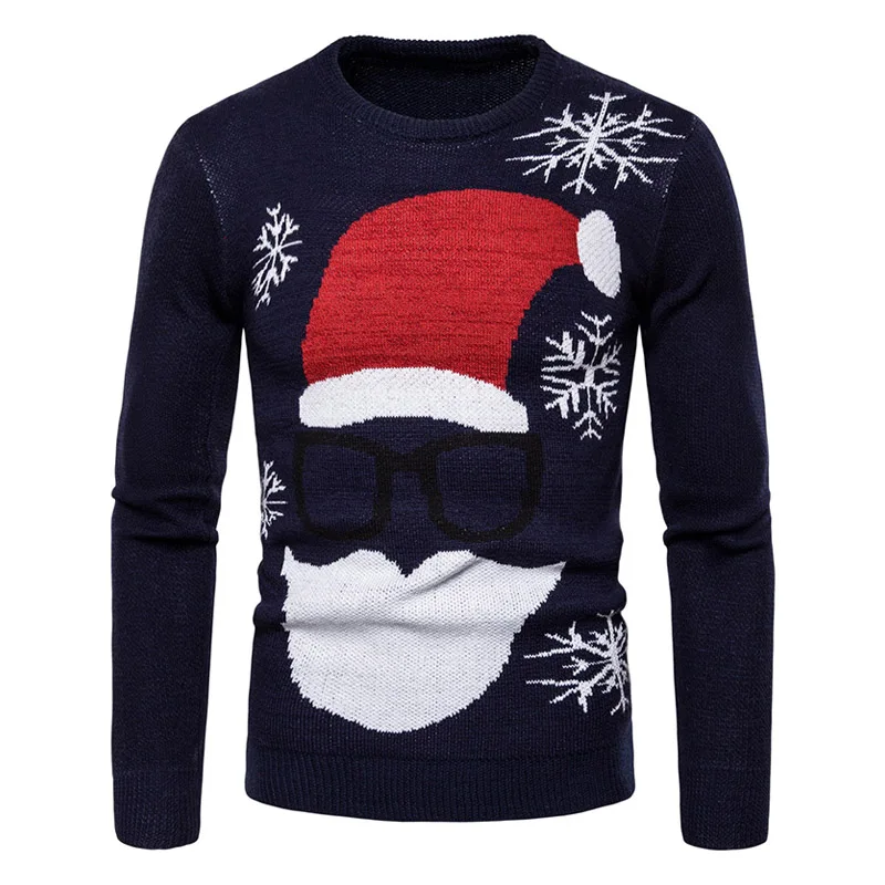 Navy Autumn Winter Sweater Men Fashion Christmas Sweater Printed Knitted O-Neck Long Sleeve Mens Sweaters New Year Pullover - Цвет: Navy