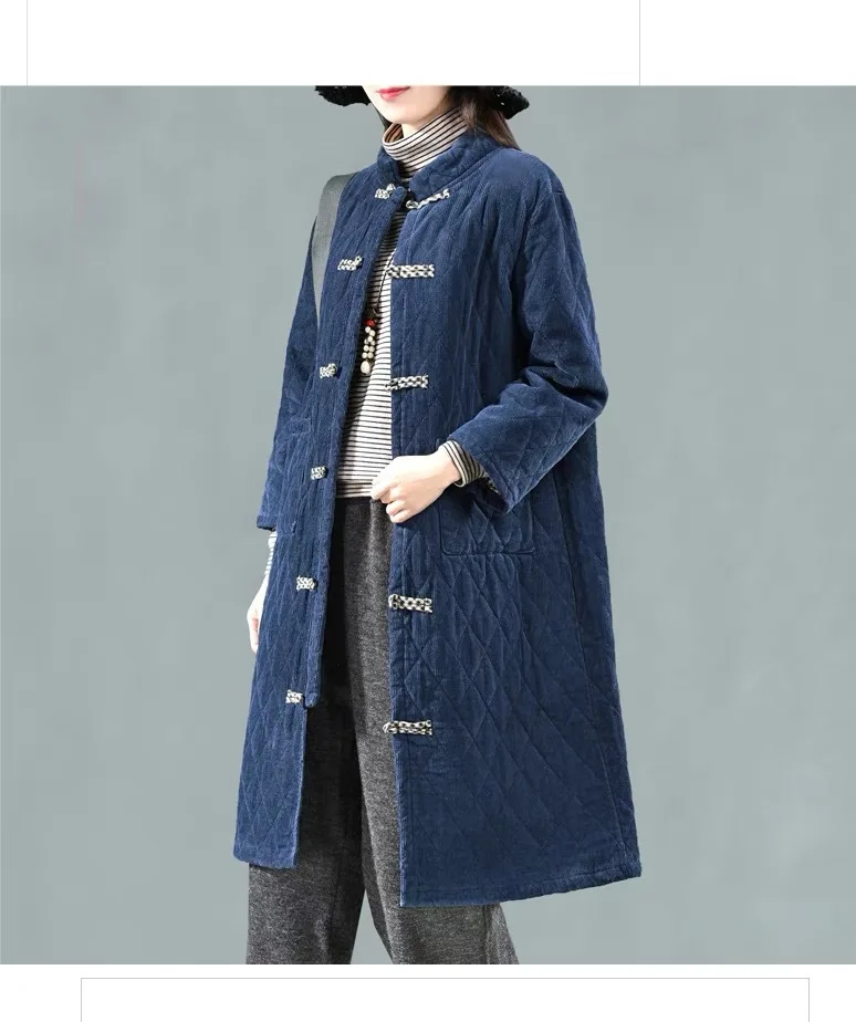 

Winter New Style Corduroy Thick Cotton Coat Retro National Wind Frog Stand Collar Cotton-padded Clothes Mid-length Warm Quilted