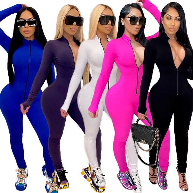 Sexy Solid Color Long Sleeve Deep V Bodycon Rompers Womens Jumpsuit Sport Suit Fashion Zip Up Long Pants Overalls Fitness Set sport two piece set womens tracksuit long sleeve zip up jacket