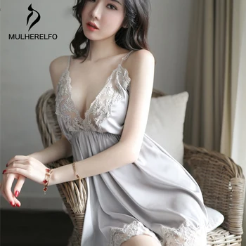 

Camis V-neck Lace Perspective Sleeveless Mini Sexy Sleepwear Solid Autumn Winter Home Gecelik Fashion Sexy Temptation Nightdress