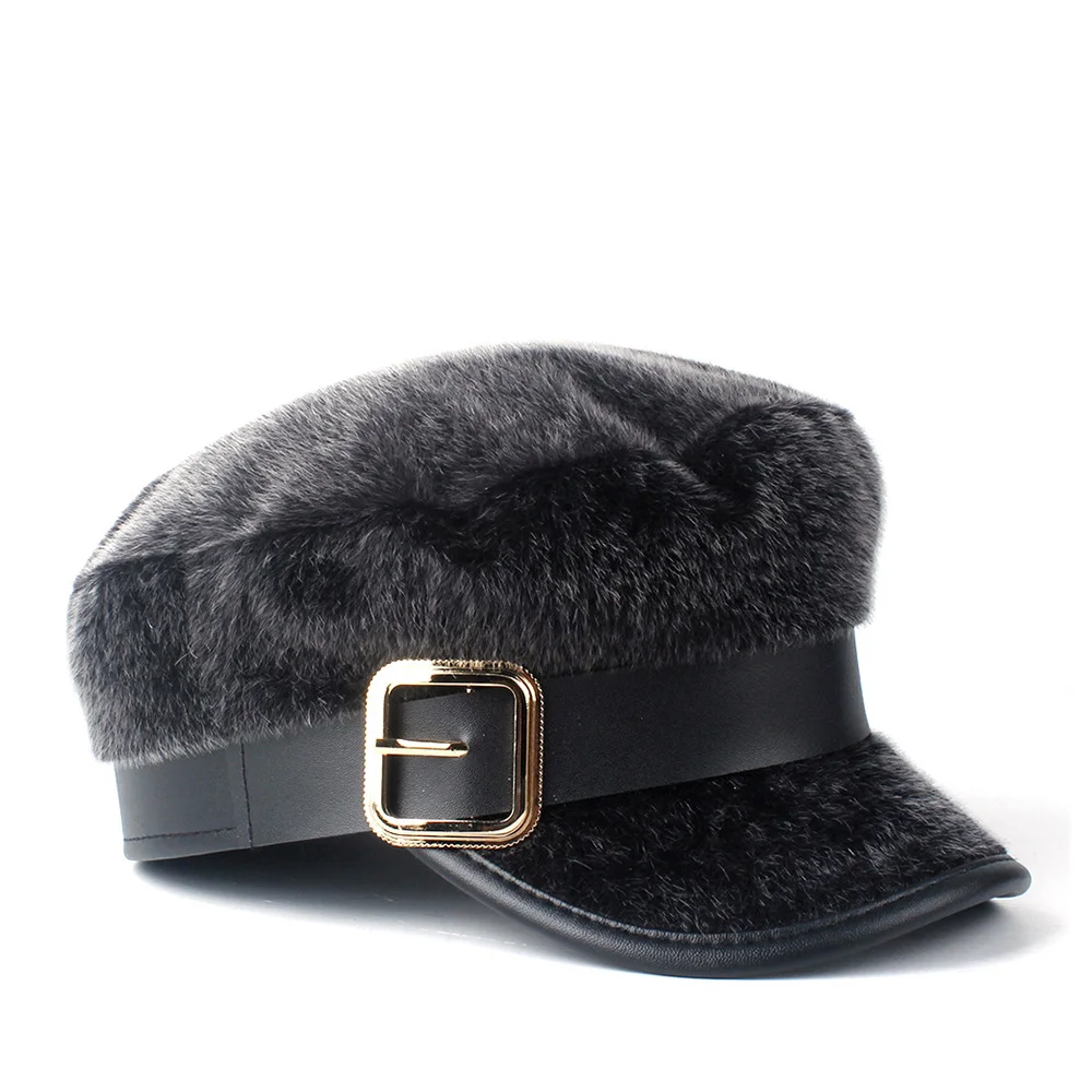 Зимняя теплая женская шапка-берет, японская бейсбольная Кепка из дикого меха, восьмиугольная шляпа, Уличная Повседневная шапка, берет газетчика, размер 56-58 см - Цвет: Gray