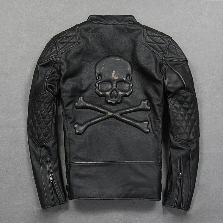 Fashion Skulls genuine leather jacket men Vintage black motorcycle jacket punk cool lapel slim fitted leather jacket for men sheepskin jacket