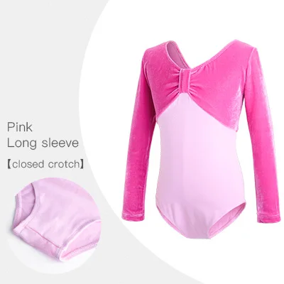 Pink-Closed Crotch Зимняя одежда для девочек из бархата и лайкры; хлопковый балетный танцевальный трико с открытой спиной; Детский костюм с длинными рукавами; Одежда для девочек; сценическая танцевальная одежда - Цвет: Pink-Closed Crotch