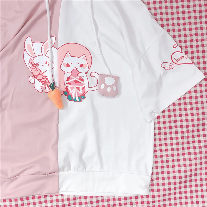 Красивая девочка Mori мультфильм с капюшоном футболки для женщин Kawaii Кролик кошка печати короткий рукав пуловер для подростков девочек студенческие повседневные топы 2 вида цветов