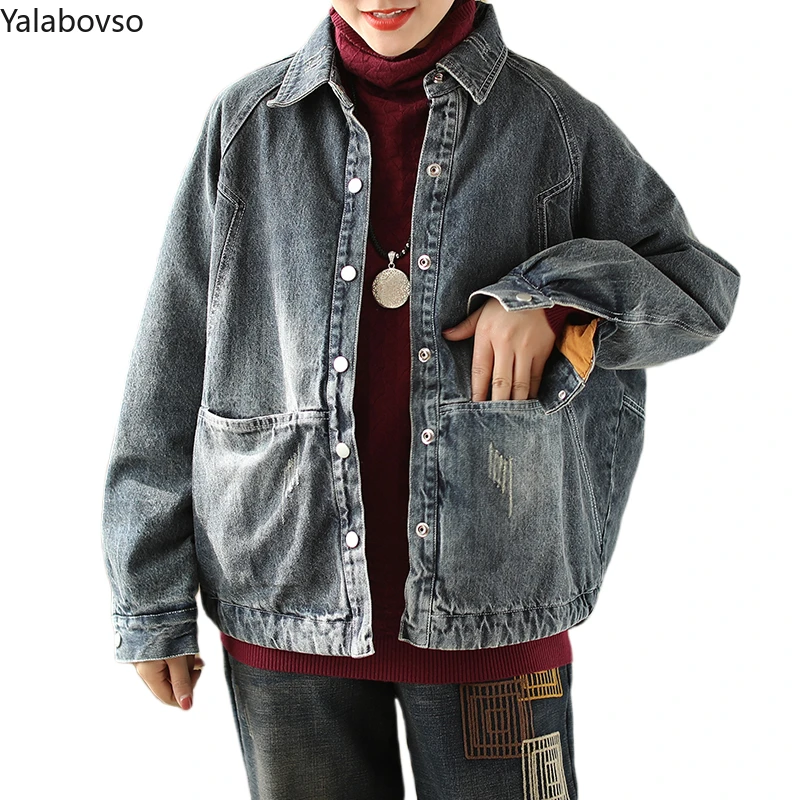 

Batwing Loose styles cowboy cotton-coat for women winter long-sleeve denim cotton coat Single Breasted Cotton Liner mom coat