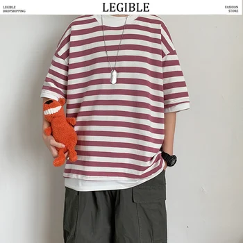 

LEGIBLE Japan T-Shirts Men Striped Streetwear 2020 Summer Mens Loose Casual Short Sleeve Tops Tees Male T Shirts