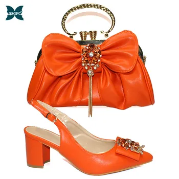 

Latest Matching Italian design Shoe and Bag Set Decorated with Rhinestone High Quality African Shoes and Matching Bags in Orange
