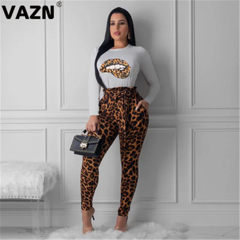

VAZN MOY5131 Autumn Leopard Sweet Clear Young Lady Of Note Overalls Upmarket Full Sleeve Top Long Pants Slim Women 2 Piece Set
