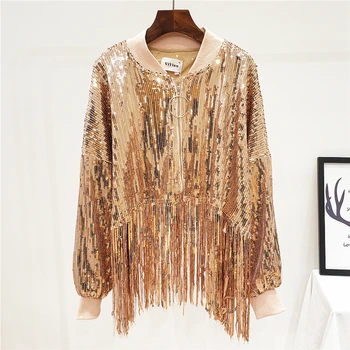 

2020 Spring Autumn New Sequin Jacket Female High-waisted Long Sleeve Short Casual Coat Women's Loose-Fit Long Tassels Jackets