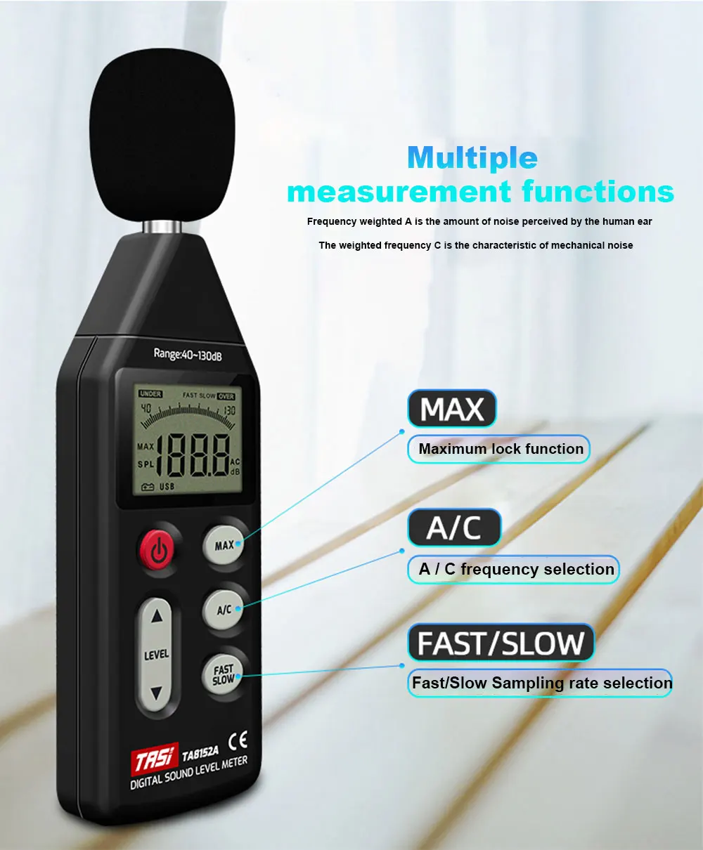 TASI 30~130dB Noise Measuring db Meter Mini Audio Sound Level Meter Decibel Monitor