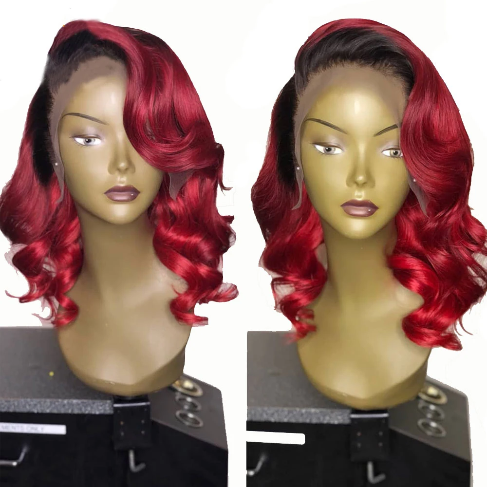 

SimBeauty 1B Red Burgundy Ombre 13x4 Lace Front Human Hair Wig Deep Part Body Wave Brazilian Remy Pre Plucked With Baby Hair