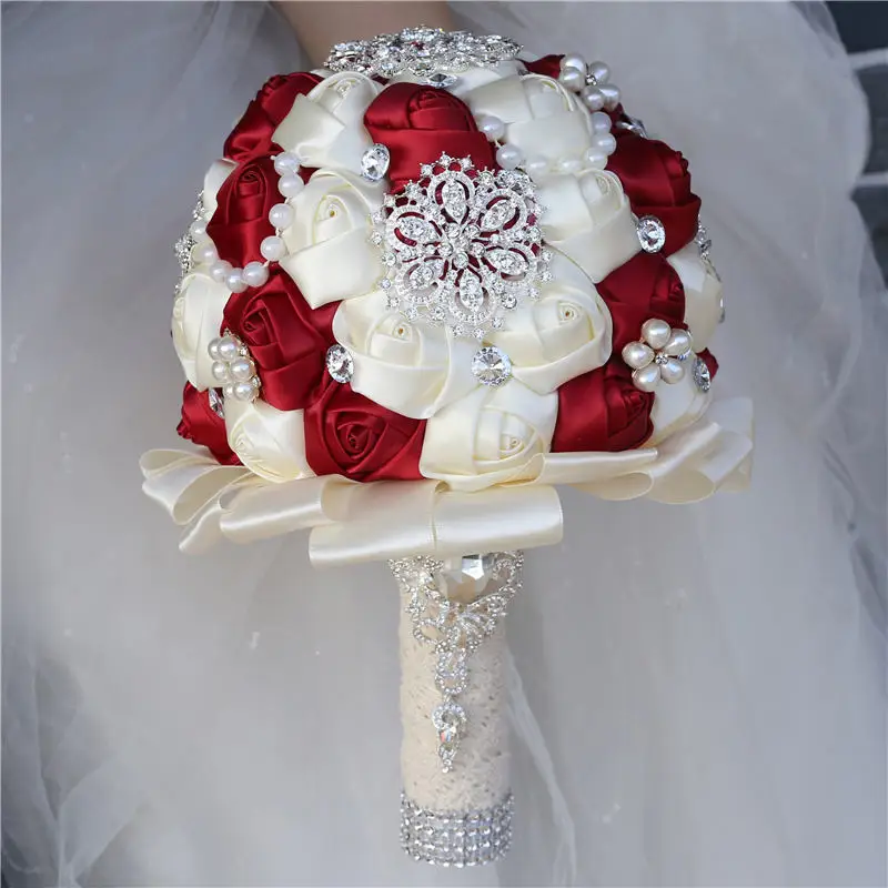 WifeLai-A 20CM Wedding Flower Bridal Bridesmaid Bling Rhinestone Bouquets Handmade Foam Rose Flowers Ivory Holding Bouquet W3217