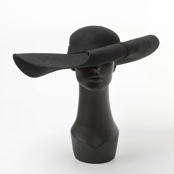 

Pure black winter new fashion fleece curled big brim top hat catwalk concave shape stage big felt hat