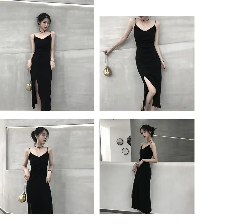 Dress Women Mid-calf Sexy Skinny Solid Color Strap Minimalist Shirring Elegant Chic High Slit Fashionable Inside Vintage Leisure wedding guest dresses