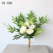 Йо Чо Шелковая Роза цветок свадебные букеты искусственная Гортензия и эвцилаптус листья цветы декоративные рождественские Цветочные букеты