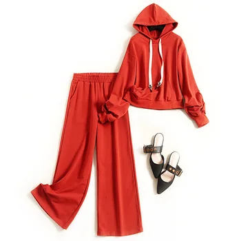 

Women 2020 fashion cotton casual suit spring drawstring hooded sweatshirt loose + wide leg pants active two piece set orange