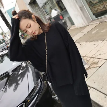 

Women Autumn Winter Fashion Long Knit Two-Piece Bag Round Neck Sweater Suit Solid Color Skirt Slim Set