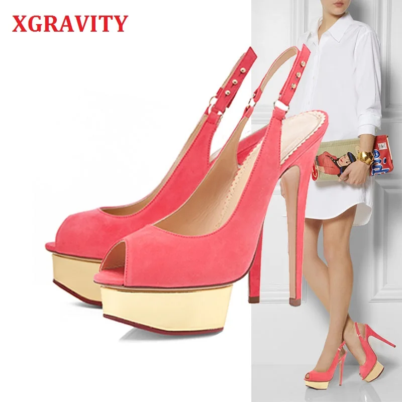 

XGRAVITY Open Toe Footwear Heel Pumps Elegant Pop Stars Ladies Fashion Sandals Genuine Leather Branded Platform Party Shoes B118