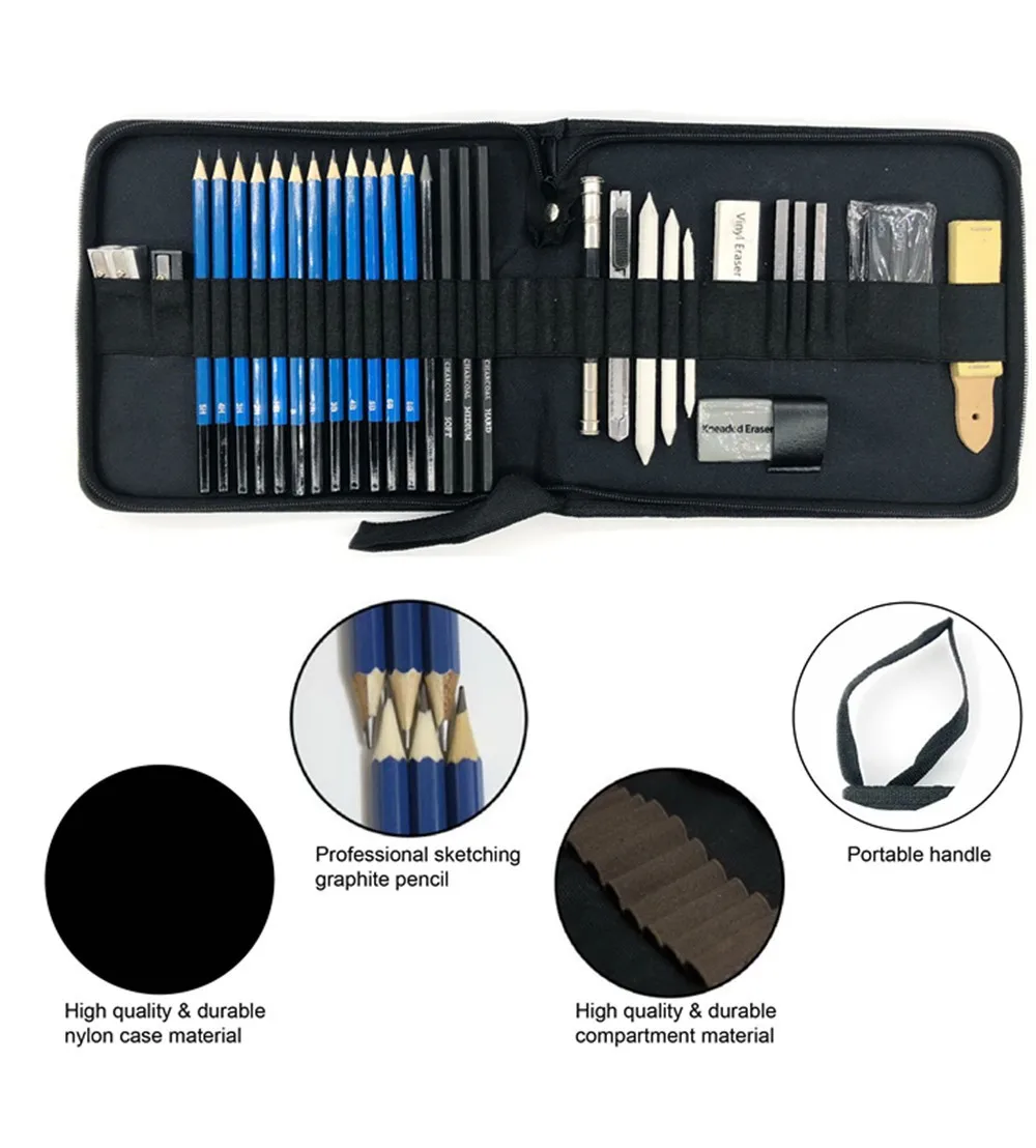 Cross Border Hot Selling 33-Piece Sketch Pencil Set Creative Sketch Toolkit Profession Painted Case Sketching Pencil