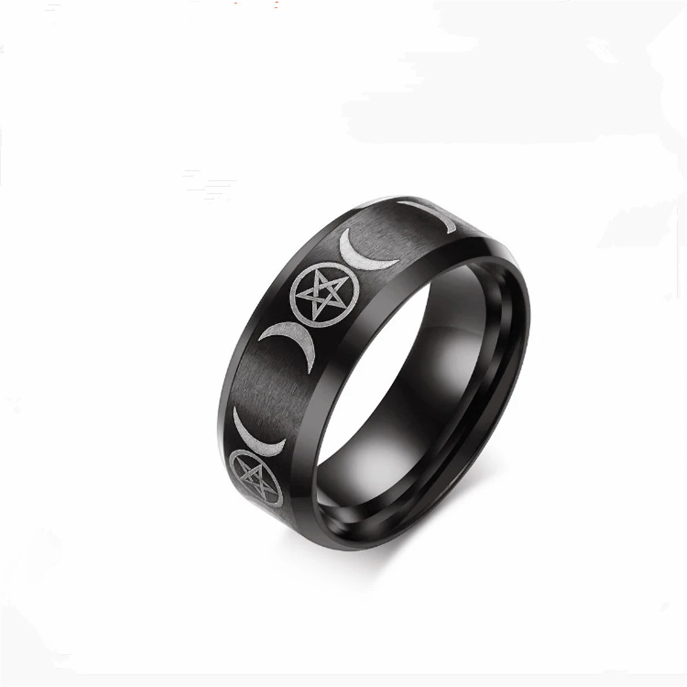 Stainless Steel Triple Moon Goddess Wicca Pentacle Ring Crescent Moon Pentagram Pagan Rings For Women Men Jewelry Freeship 6