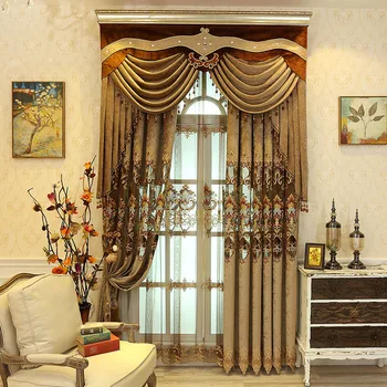 

European window custom brown blue curtains New Chinese embroidered setting room luxury blackout curtains neo-classical curtain