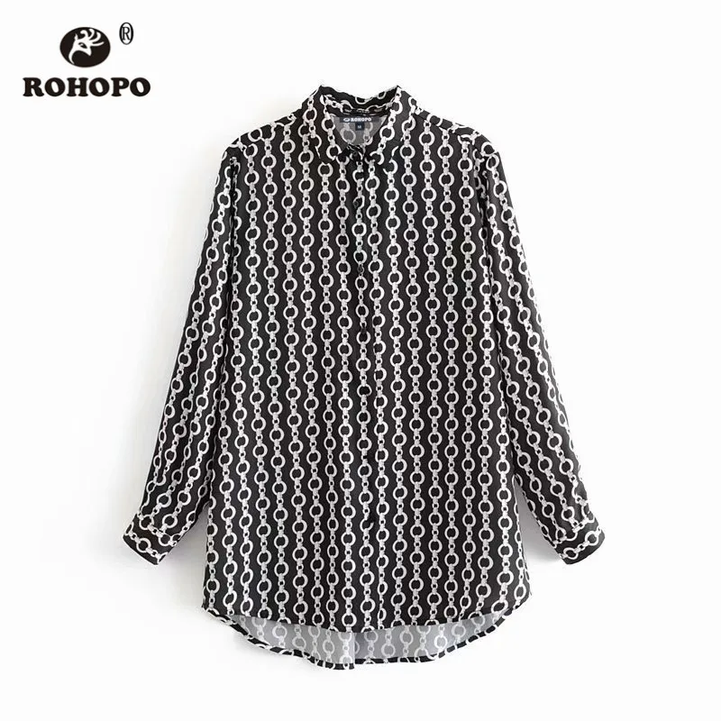 ROHOPO, длинный рукав, цепочка, принт, Ретро стиль, пуговицы для блузки, воротник с отворотом, Круглый ворот, элегантные винтажные праздники, топы, блуза#9531