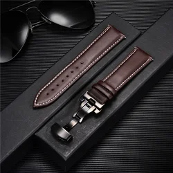 Premium Leather Watchband with Stainless Steel Butterfly Buckle - 22mm (Black brown W)