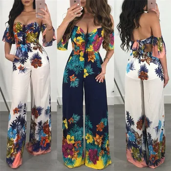 

Women Ladies Floral Wide Legs Bodycon Jumpsuit V-neck Romper Trousers Clubwear Chiffon Women Off Shoulder Beach Bandage Jumpsuit