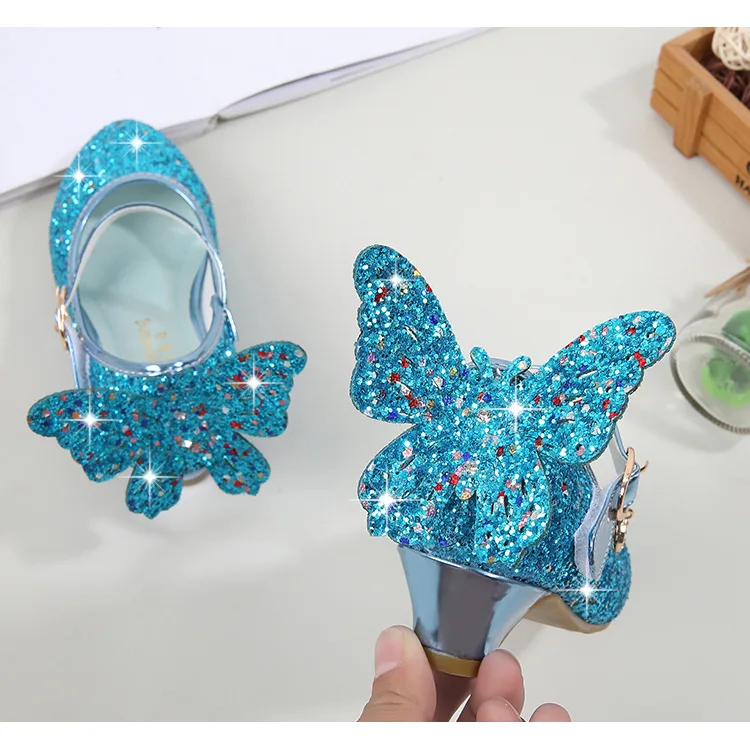 girls shoes 2020 Princess Kids Leather Shoes for Girls Flower Casual Glitter Children High Heel Girls Shoes Butterfly Knot Blue Pink Silver girls leather shoes