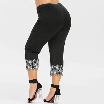 Xl plus size leggings women fitness elastic high waist female trousers capris sweatpants lace floral applique
