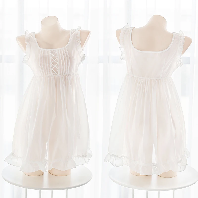

Maid Kawaii Lolita Girl Transparent Apron Short Skirt Smock White Sexy Tutu Nightdress Female Bubble skirt Perspective Underwear