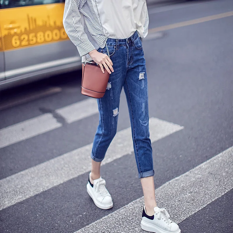 Синий Loose Hole Jeans for Women Streetwear Fashion High Waist Washed Old Blue Ripped Holes Ankle Length Denim Pants - Цвет: Синий