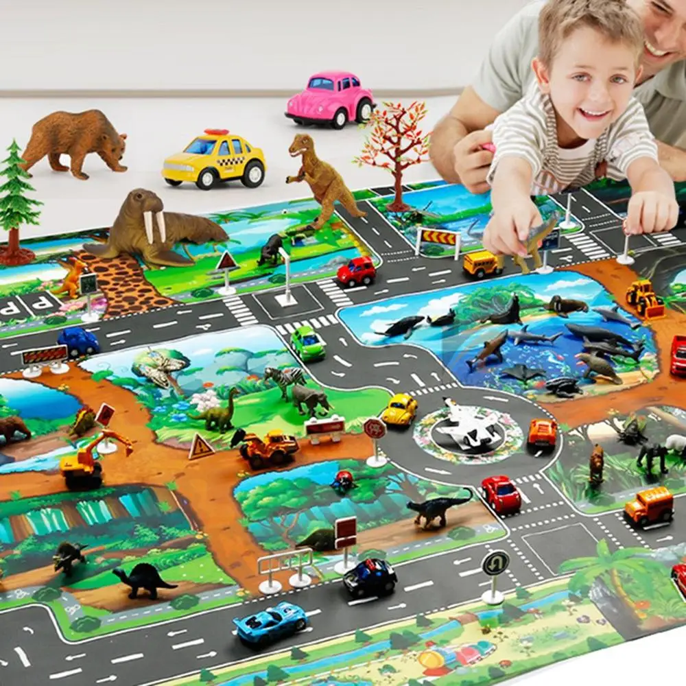 

2020 Hot sale Dinosaur Traffic Road Kids Baby Crawling Play Mat Chidren Game Floor Carpet Pad World Transport Map Pattern Design
