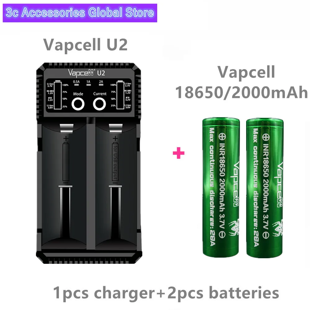 2 шт. аккумуляторная батарея VAPCELL INR 18650 2000 мА · ч 28А с Vapcell U2 А быстрая зарядка USB