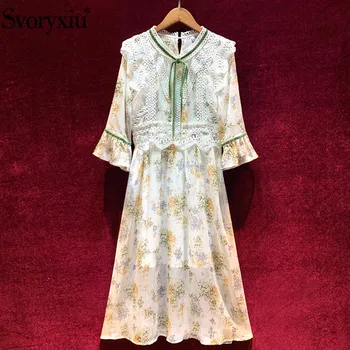

Svoryxiu Fashion Runway Summer Party Chiffon Long Dresses Women's Elegant Flare Sleeve Flower Print Lace Embroidery Dress