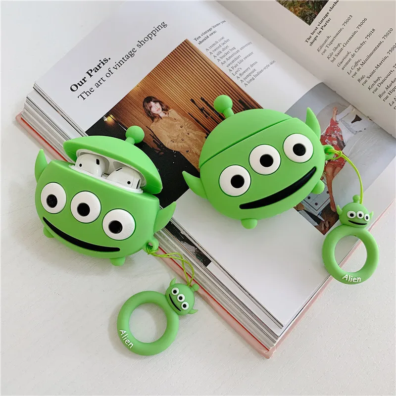 

3D Cartoon Green Aliens Earphone Case For Apple Airpods 1/2 Soft Silicone Cover For Airpods 2 Accessories key Ring Protection