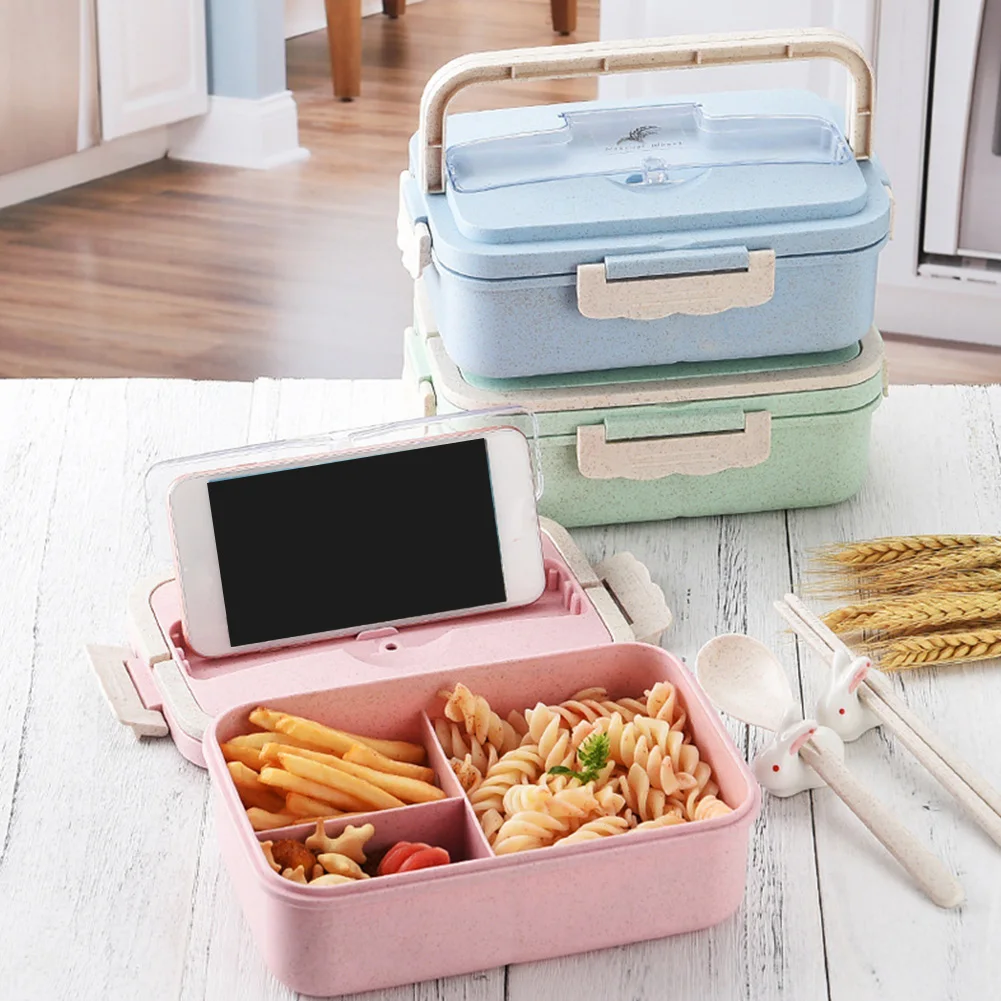 

Lunch Box 3-Compartments Leak-Proof Wheat Straw Dinnerware Microwave Food Storage Container Portable Bento Box School Office Bag