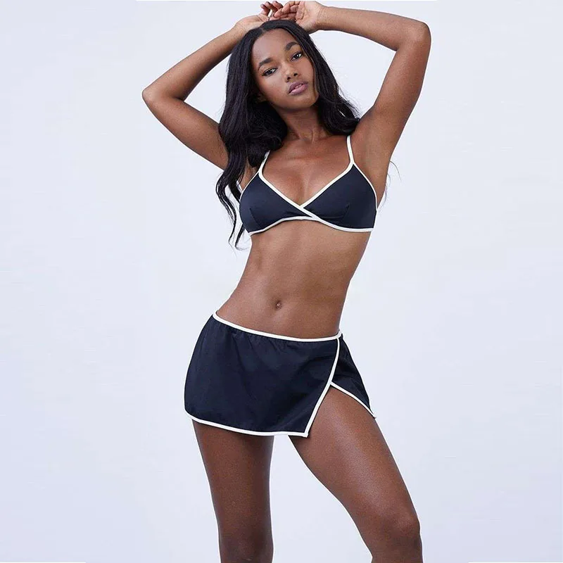 

Bordered Sexy Bikini Set Mini Skirt with Thong Bottom Push Up Backless Low Waisted Bathing Suits Women Biquini Swimwear Swimsuit