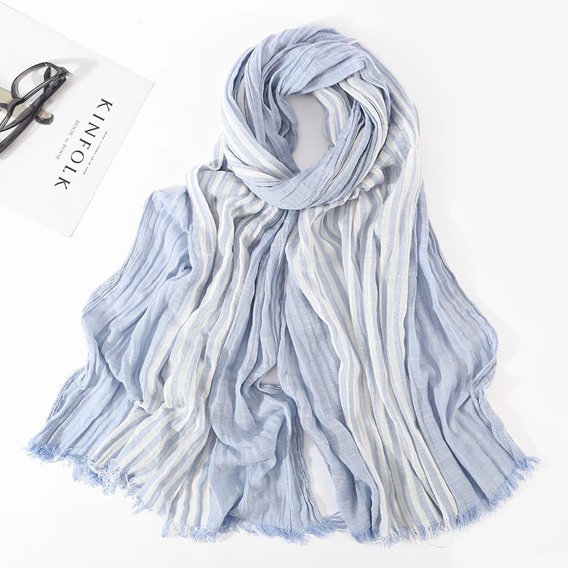 Striped blue Новинка, японский стиль унисекс, зимний шарф, хлопок и лен, одноцветные, длинные женские шарфы, шаль, модный мужской шарф - Цвет: Striped blue