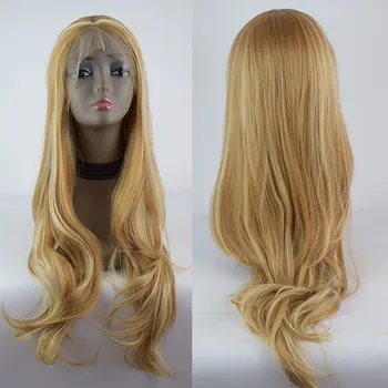 

BM Natural Wave Synthetic 13*3 Large Lace Front Wig Honey Blonde Mix Gold Brown Heat Resistant Fiber Hair For Women Daily Wigs