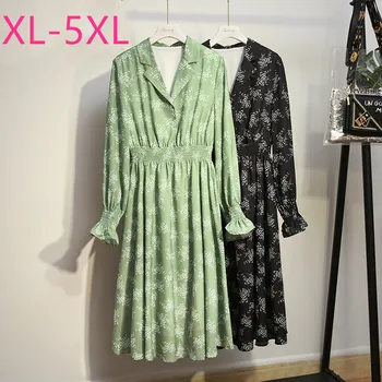 

2020 spring autumn plus size long dress for women large loose casual long sleeve slim floral V neck dresses green 3XL 4XL 5XL