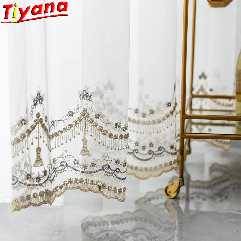 

European Noble Embroidered Window Screen Curtains for Living Room White Fringed Lace Yarn Wave Romance Volie Balcony WH094#20