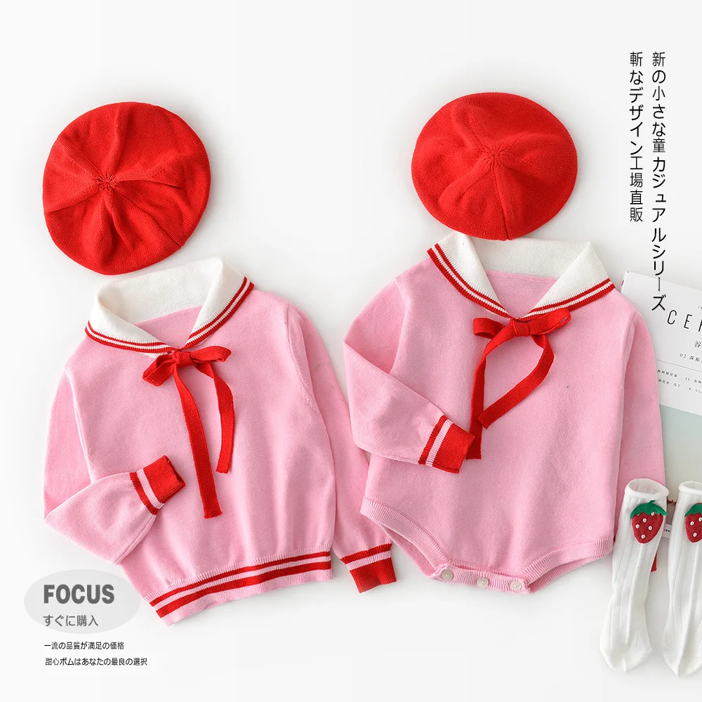 

Autumn Newborn Baby Girls Knitted Rompers Preppy Style Bowknots Sisters Outfits Kids Pullovers Sweater Infants Clothes