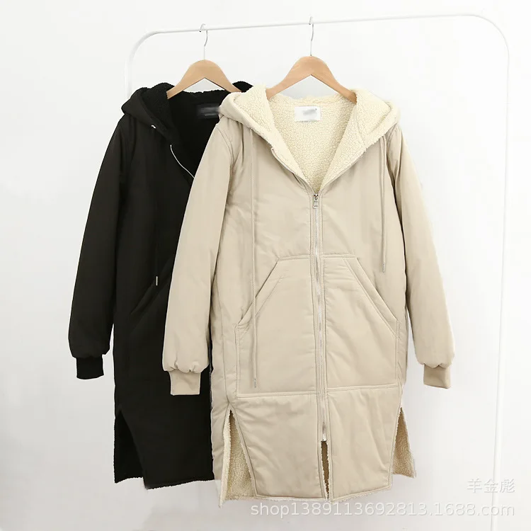 

18 Autumn And Winter New Style Casual Simple Versatile Solid Color Loose-Fit Mid-length Hooded Lambs Wool Cotton Overcoat M526